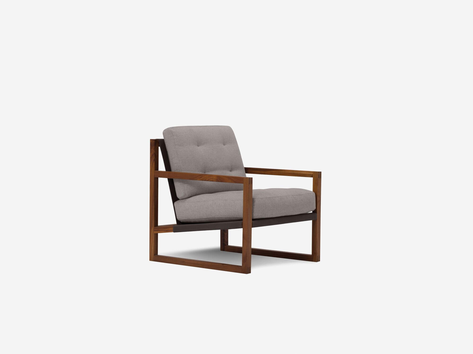 Grey and walnut tufted lounge chair front angle view